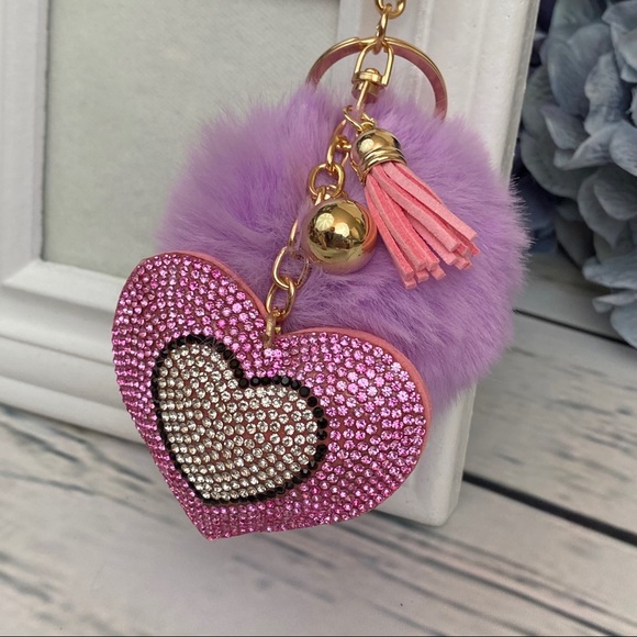 Heart with Pink Rhinestones & Pom Pom on Keychain - Picture 4 of 13